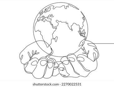 continuous line drawing of two hands holding the globe on the palm of the hand on a white background black map color. holding the globe isolated on a white background