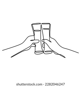 continuous line drawing of two hands toasting with glasses of light beer at the pub
