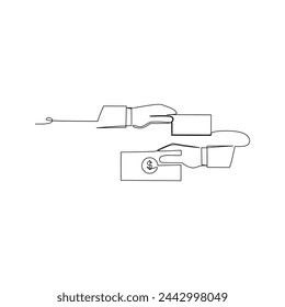 Continuous line drawing of two hands exchanging money with a credit card. Touchless transaction concept in business and finance.