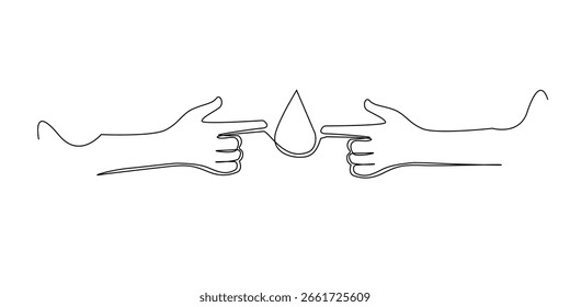 Continuous line drawing of two hands pointing at a water droplet. Minimalist one-line art concept symbolizing water conservation, environment, or unity. Simple and clean vector illustration