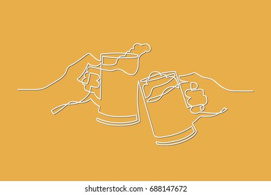 Continuous line drawing two hands toasting with mugs of beer on yellow background. Vector illustration.