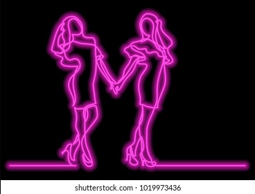 continuous line drawing of two happy standing young women with neon vector effect