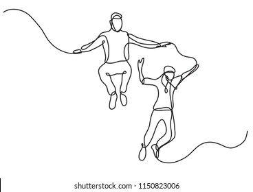 continuous line drawing of two happy teenagers jumping