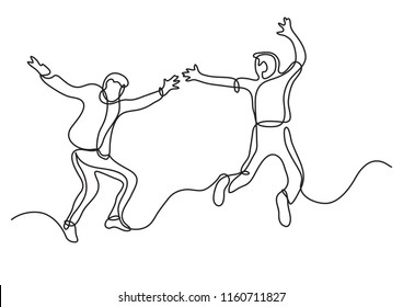 continuous line drawing of two happy teenagers jumping and having fun