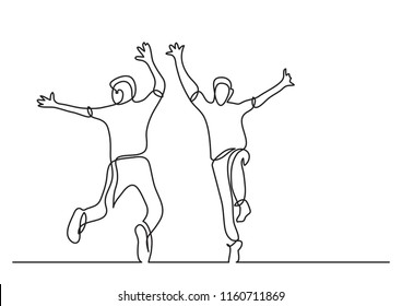 continuous line drawing of two happy teenagers jumping