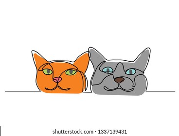 continuous line drawing of two happy cats