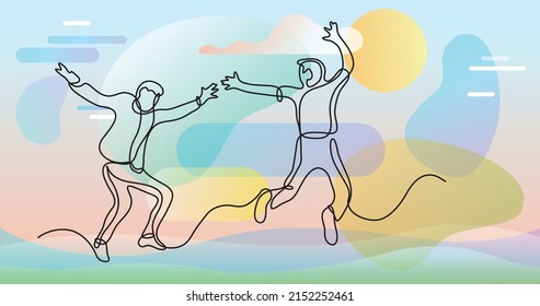 continuous line drawing of two happy teenagers jumping and having fun