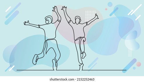 continuous line drawing of two happy teenagers jumping