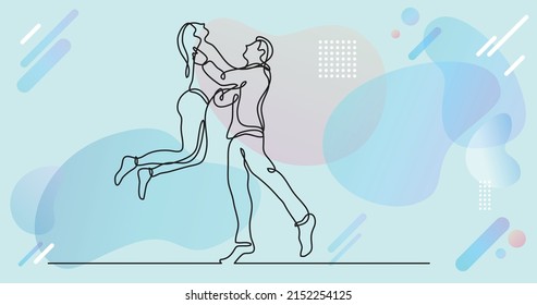 continuous line drawing of two happy teenagers jumping