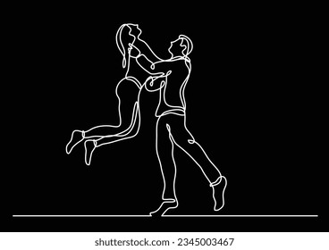 continuous line drawing of two happy teenagers jumping