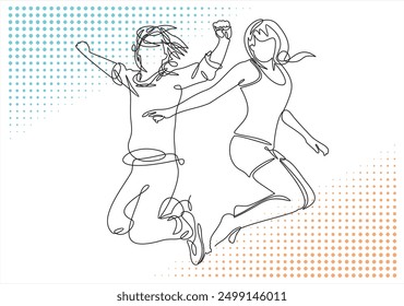 continuous line drawing of two happy teenagers jumping and having fun