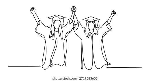 Un dibujo de línea continua de dos graduados felices que celebran su Vector de éxito, ilustración