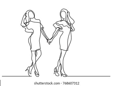 continuous line drawing of two happy standing young women