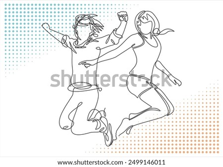 continuous line drawing of two happy teenagers jumping and having fun