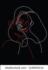 Continuous line, drawing of two heads, Two faces,  mans and woman, ligt grey and red on black , minimalist ,vector