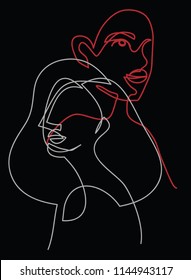 Continuous line  drawing two heads  Two faces   mans   woman  ligt grey   red black   minimalist  vector