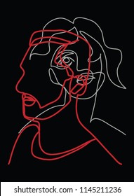 Continuous line, drawing of two heads, Two faces,  mans and woman, ligt grey and red on black , minimalist ,vector