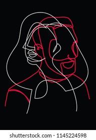 Continuous line, drawing of two heads, Two faces,  mans and woman, ligt grey and red on black , minimalist ,vector