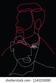 Continuous line, drawing of two heads, Two faces,  mans and woman, ligt grey and red on black , minimalist ,vector