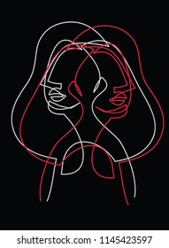 Continuous line, drawing of two heads, Two faces, woman, minimalist ,vector