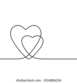 Continuous line drawing two hearts, Black and white vector minimalist illustration of love concept
