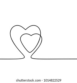 Continuous line drawing two hearts, Black and white vector minimalist illustration of love concept