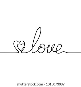 Continuous line drawing of two hearts and word LOVE, Black and white vector minimalist illustration of love concept