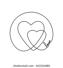 Dibujo continuo de línea de dos corazones y palabra AMOR, vector negro y blanco ilustración minimalista del concepto de amor
