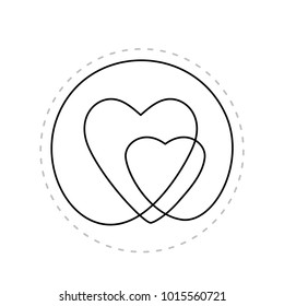 Continuous Line Drawing Of Two Hearts Inside Circle, Black And White Vector Minimalist Illustration Of Family And Love Concept