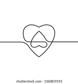 Continuous line drawing of two hearts - small inside big upside down, Black and white vector minimalist illustration of love concept