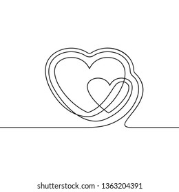 Continuous line drawing two hearts, Black and white vector minimalist illustration of love concept
