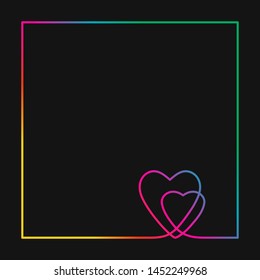 Continuous line drawing two hearts in square frame, Vivid neon colors on black background vector minimalistic linear illustration of love concept made of continuous line
