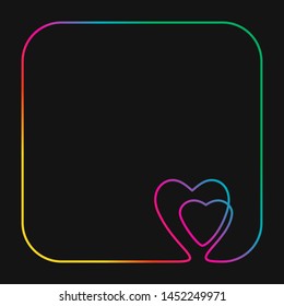 Continuous line drawing two hearts in square frame with round corners, Vivid neon colors on black background vector minimalistic linear illustration of love concept made of continuous line