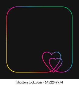 Continuous line drawing two hearts in square frame with round corners, Vivid neon colors on black background vector minimalistic linear illustration of love concept made of continuous line