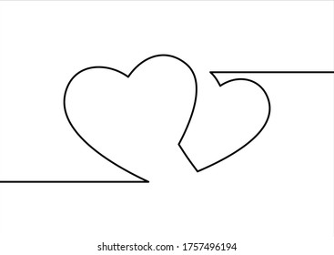 Continuous line drawing two hearts, Black and white vector of love concept