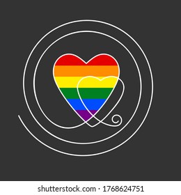 Continuous line drawing two hearts in spiral with LGBT gay pride flag color, Vector illustration, White line on dark grey background