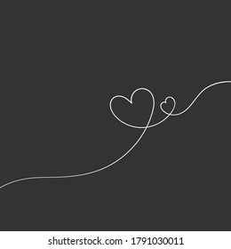 Línea continua dibujando dos corazones, línea blanca dibujada a mano sobre fondo gris oscuro, vector ilustración minimalista del concepto de amor