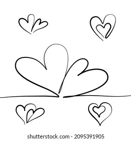 Continuous line drawing two hearts. Vector illustration 