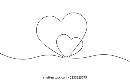 Continuous line drawing of two hearts isolated on white background. Black and white graphics. One line two hearts in a minimalist design. Vector illustration