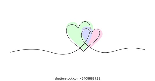 Continuous line drawing of two hearts icon with watercolor spots. Holiday card, romantic, wedding design elements. Symbol of love.