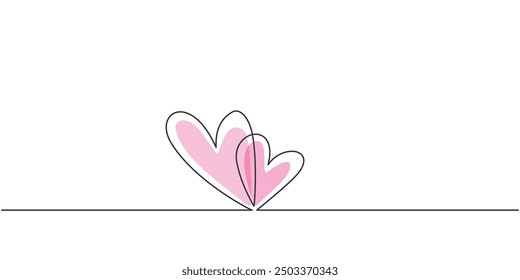 Continuous line drawing of two hearts. Minimalist Valentine's Day design with trendy outline art.