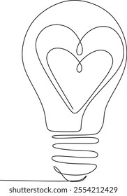 Continuous line drawing of two hearts inside light bulb outline vector illustration art. Isolated on white background. Vector illustration hand drawn without artificial intelligence