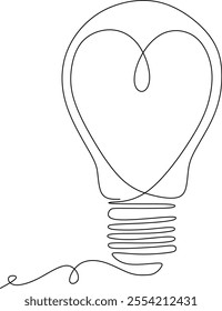 Continuous line drawing of two hearts inside light bulb outline vector illustration art. Isolated on white background. Vector illustration hand drawn without artificial intelligence