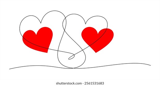 Continuous line drawing of two hearts shape with red love spotted.  