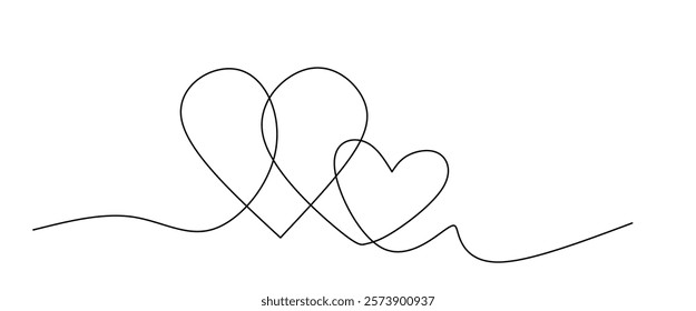 Continuous line drawing two hearts, Black and white vector minimalist illustration of love concept