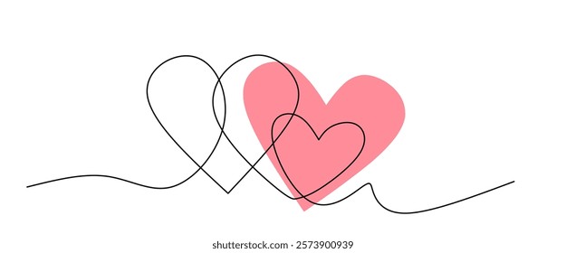 Continuous line drawing two hearts, Black and white vector minimalist illustration of love concept