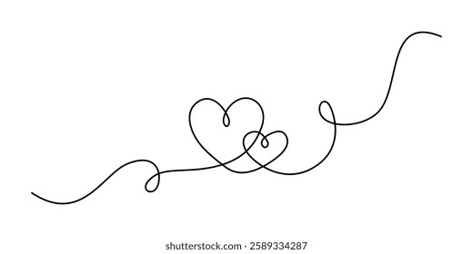 Continuous line drawing of two hearts isolated on white background. Valentines Day holiday celebration