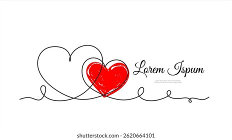 Continuous line drawing of two hearts on transparent background. Banner for valentine's day. Abstract hearts. Editable stroke.	