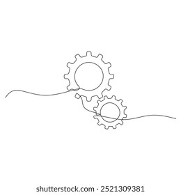 Continuous line drawing of two interconnected gears on a clean background, Symbolizing teamwork, engineering, and mechanical design.