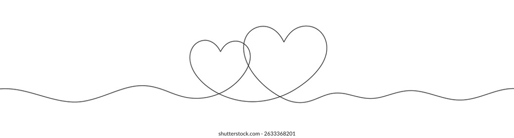 Continuous line drawing of two intertwined hearts with wave. Minimalist romantic vector illustration for love, wedding, or Valentine’s Day designs. Black line art on white background.